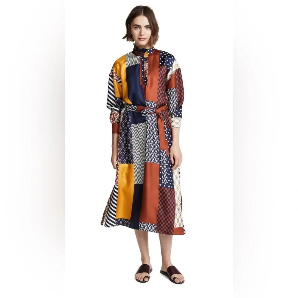 NWT $598 Tory Burch Bianca Silk Patchwork Waist Tie Dress